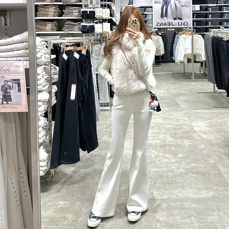 春季新款白色高腰微喇叭牛仔裤女小个子弹力修身显瘦拖地马蹄裤子