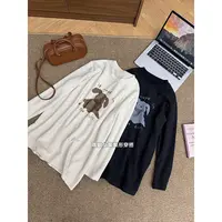 【围巾小狗】韩系简约休闲百搭圆领小狗印花绒感长袖打底衫上衣女冬