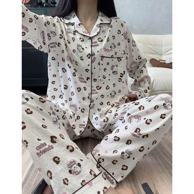 KT猫睡衣女长袖云朵棉开衫春秋季新款少女网红风豹纹家居服套装冬
