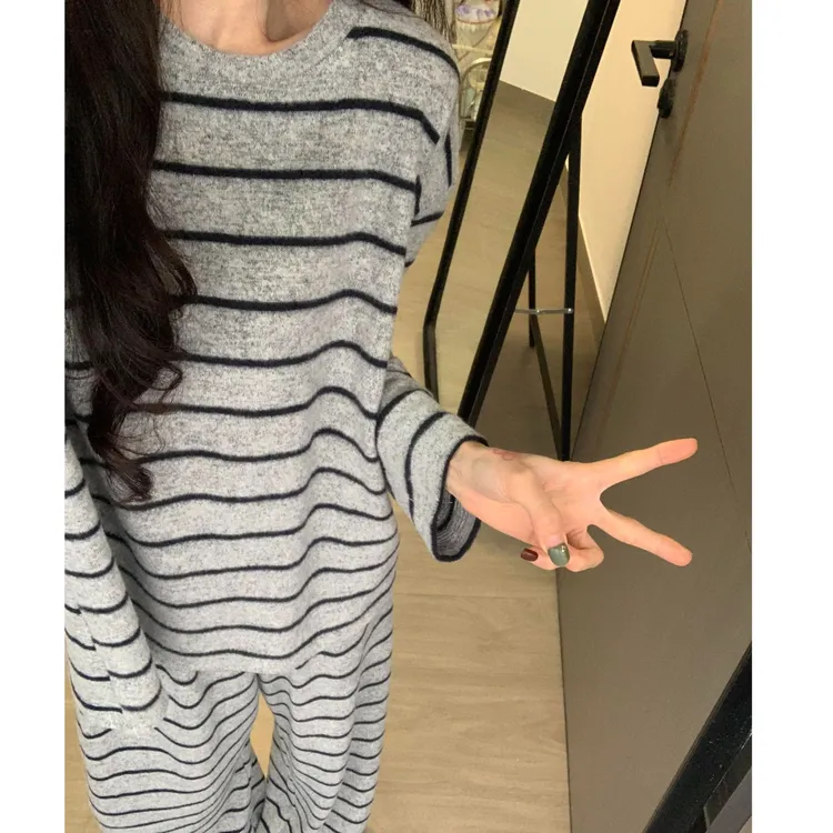 韩版休闲简约条纹睡衣女款秋冬季新款保暖大码长袖长裤家居服套装