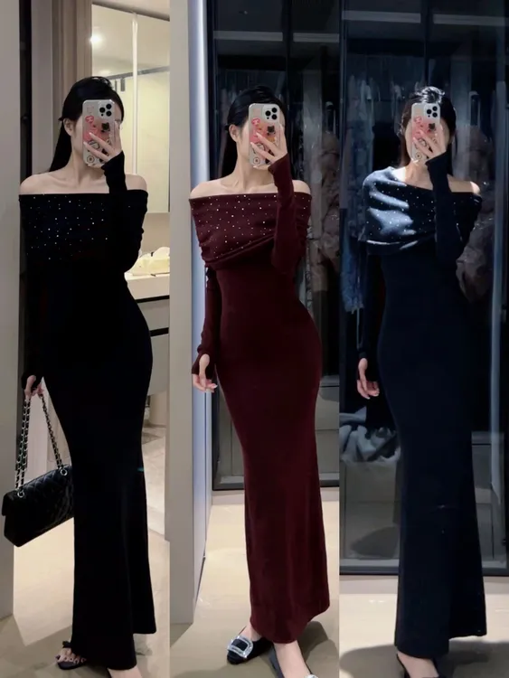 羊毛秋冬法式一字肩烫钻设计针织包臀裙性感气质纯欲风斜肩连衣裙