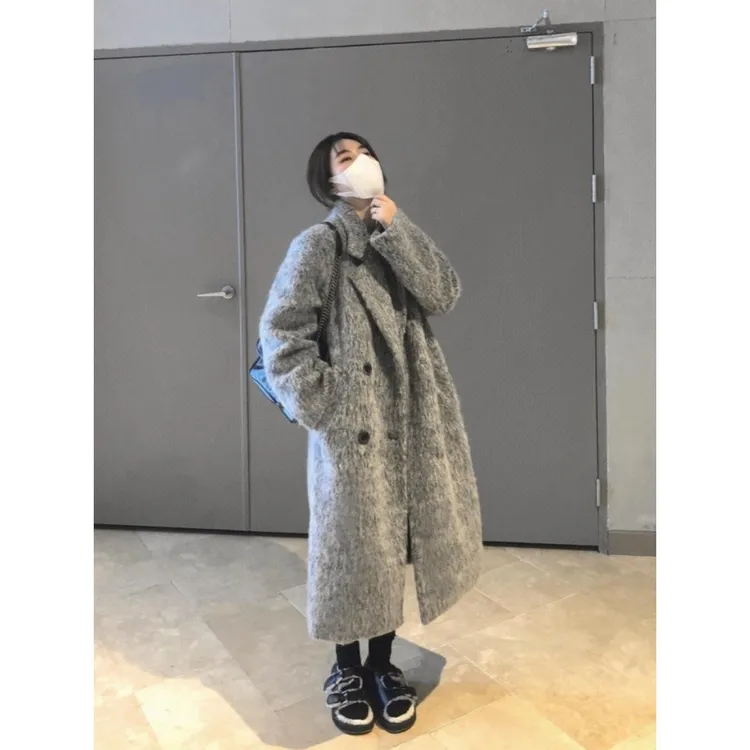 2025冬季新款长毛财阀灰色西装大衣加厚中长款羊毛呢外套女