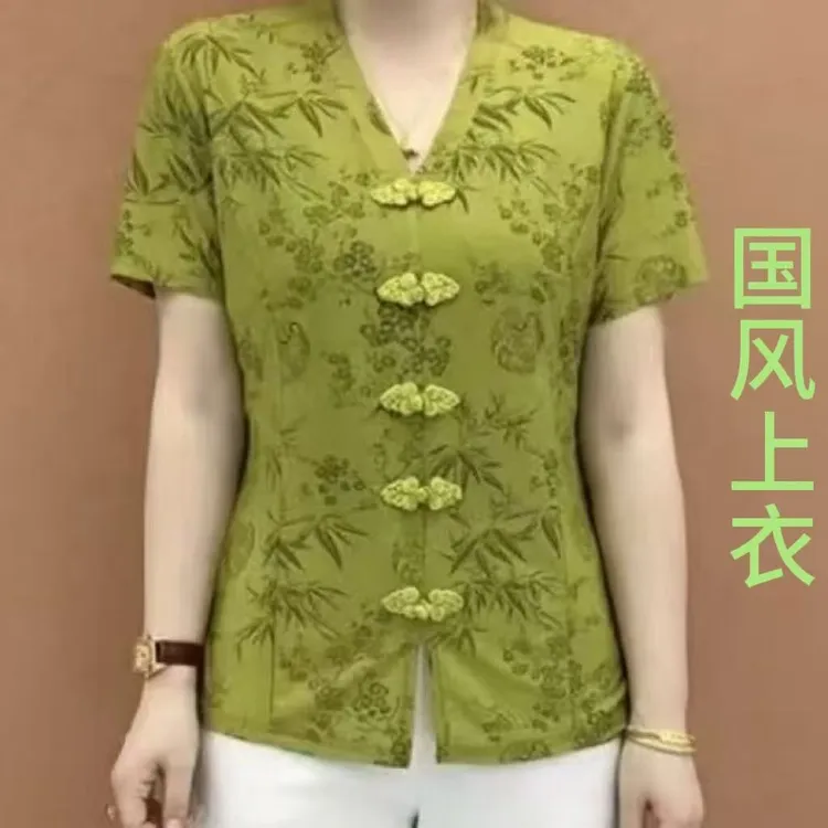 国风新中式妈妈上衣女装夏装2025新款中老年女装盘扣冰丝短袖小衫