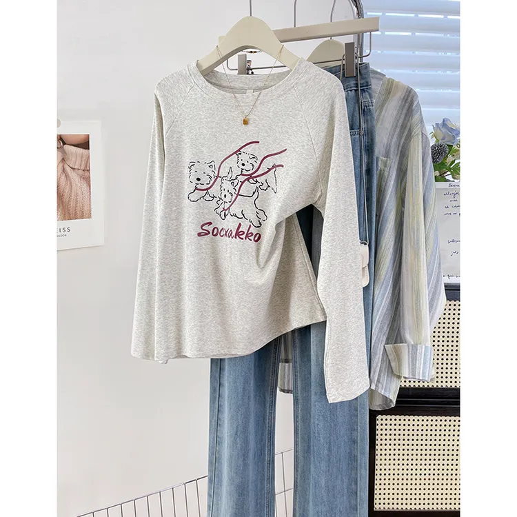 2025韩版简约通勤风长袖T恤衫狗狗印花宽松圆领正肩显瘦上衣服秋