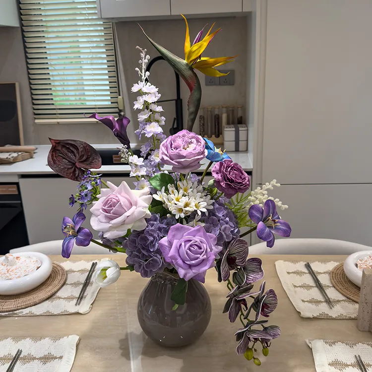 手感紫色玫瑰仿真花束成品插花适用于电视柜餐桌装饰花艺摆件假花