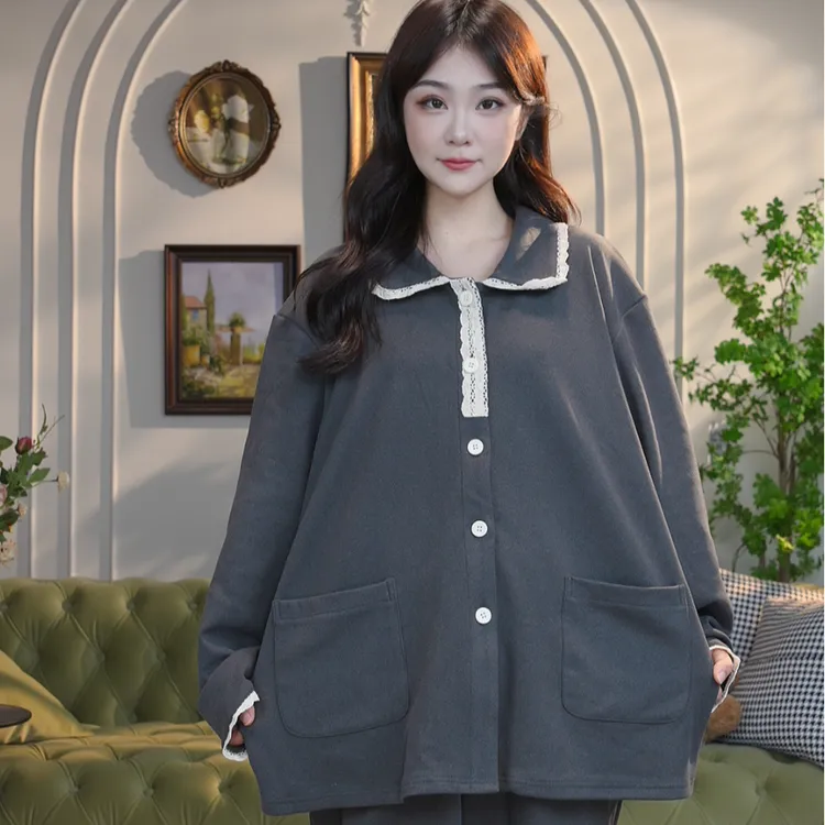 秋冬大码睡衣含莱赛尔桑蚕丝驼绒长袖女翻领家居服胖mm可外穿套装