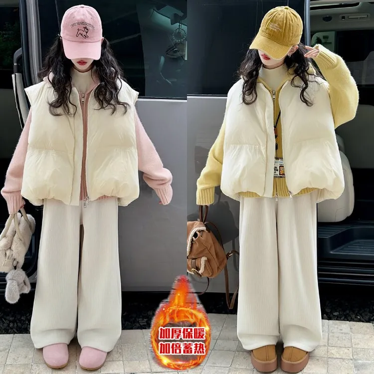 女童套装冬季款2025新款洋气中大儿童冬装马甲加绒加厚冬装三件套