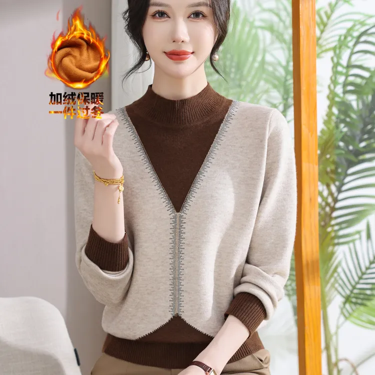 中老年冬装加绒加厚半高领毛衣妈妈装秋冬时尚保暖针织打底衫上衣