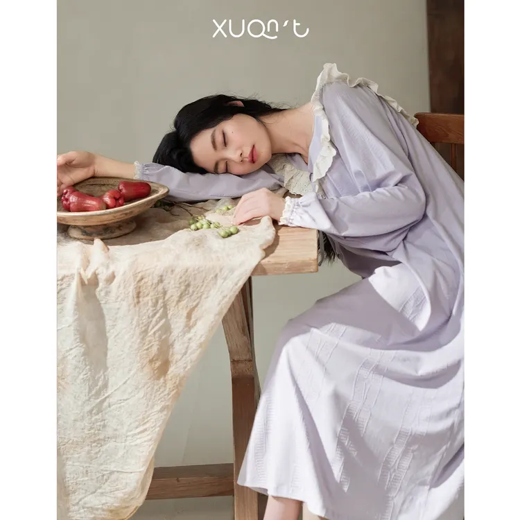 轩之婷带胸垫睡裙女秋季纯棉长袖宽松时尚甜美蕾丝长款睡衣春秋款