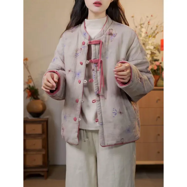 两面穿国风印花棉服女冬季新款宽松加厚保暖新中式盘扣棉衣短外套