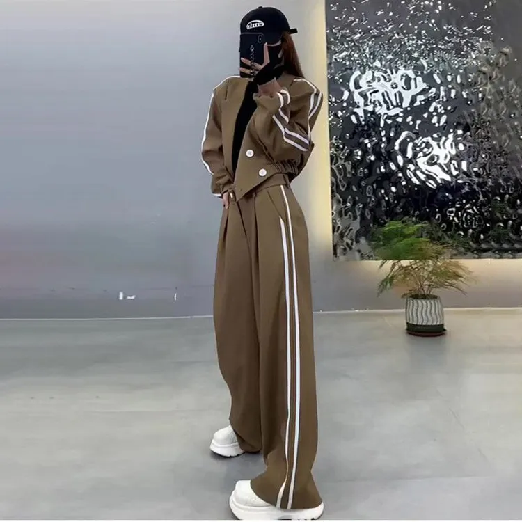两条杠西装套装女2024秋冬新款加厚西服外套高腰显瘦阔腿裤两件套