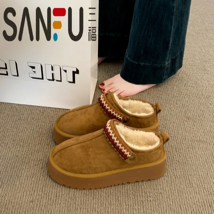 三福厚底毛毛拖鞋外穿雪地靴女2025秋冬新款加绒加厚一脚蹬棉拖鞋