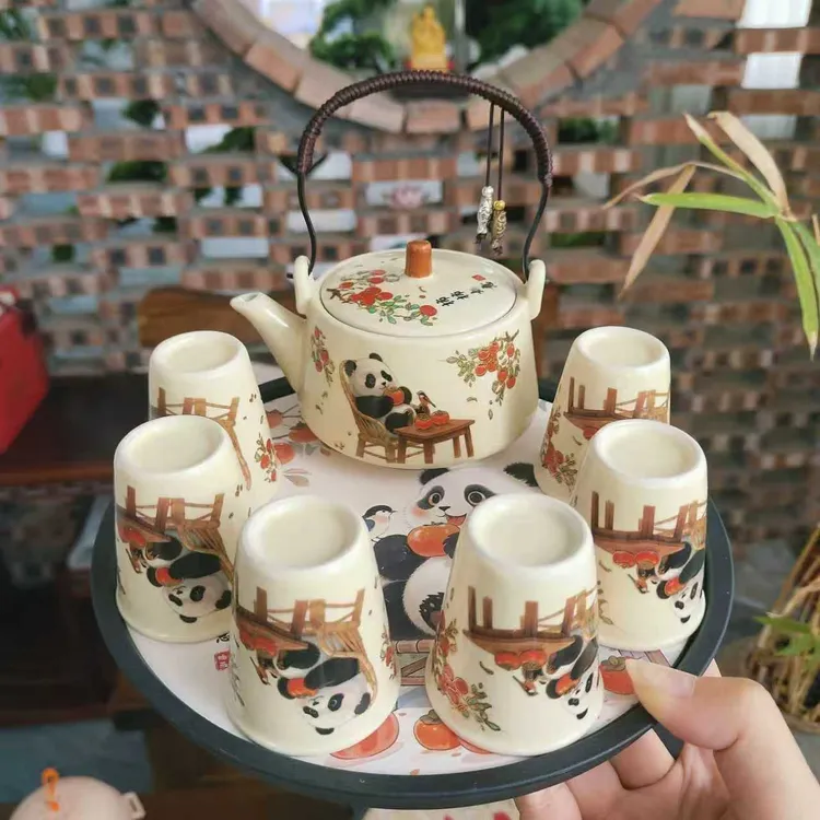 【朵云专属】【陶制】熊猫喜柿事事如意一壶六杯加茶盘泡茶套组