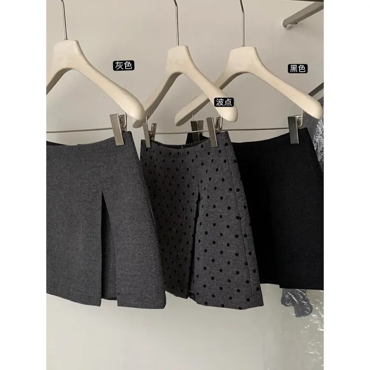 韩版复古波点高腰休闲半身裙女装秋冬简约显瘦加厚毛呢裙裤A字裙