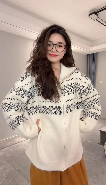 复古慵懒风翻领费尔岛提花毛衣开衫外套女秋冬加厚拉链针织衫上衣