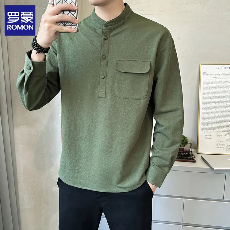 罗蒙棉+亚麻中青年T恤长袖纯色新中式薄款长袖休闲立领打底衫男装