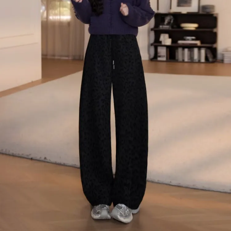 秋冬新款气质复古豹纹高腰显瘦直筒阔腿裤加厚加绒休闲裤百搭卫裤