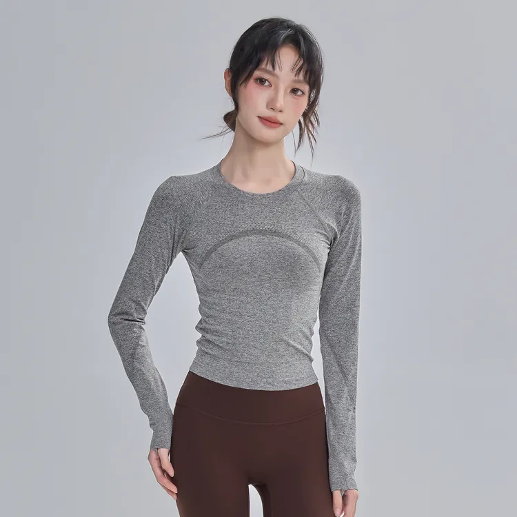 云端贝壳弹力修身瑜伽服女显瘦圆领运动长袖跑步训练健身服上衣新