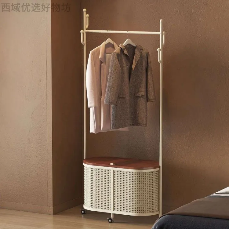 新疆西藏包邮衣帽架奶油落地卧室简约法式移动藤编脏衣篓衣架家用