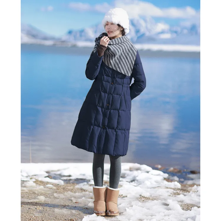 红念藏青色连帽羽绒服女中长款收腰显瘦2025中长款羽绒服女小个子