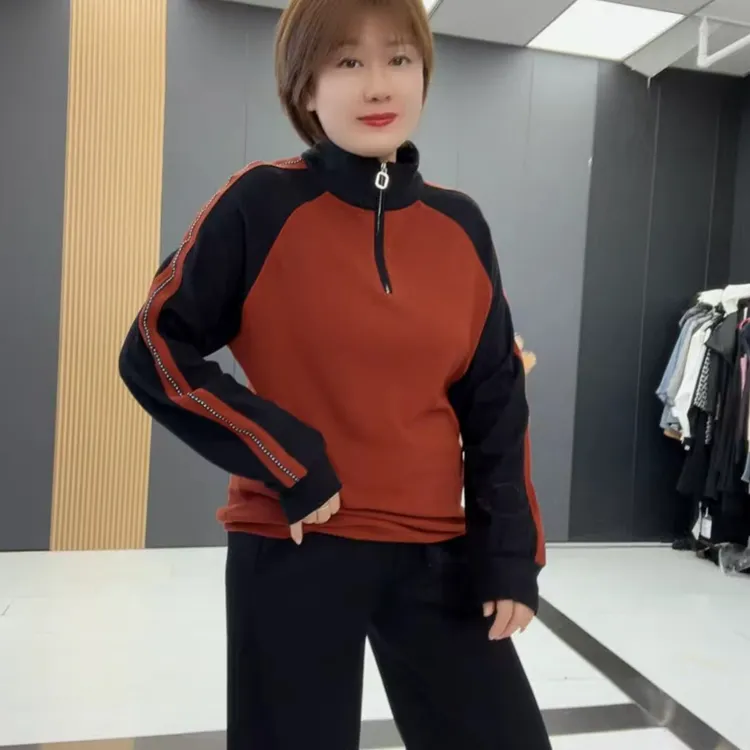 9963梵#大码时尚休闲风秋季女拼接半拉链秋冬百搭长袖上衣衫