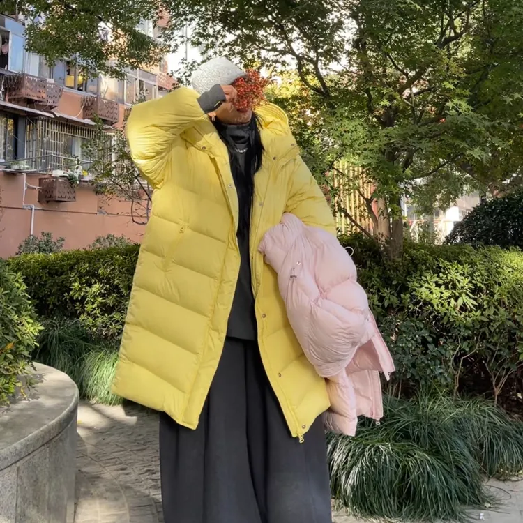 姚家彩色（花苞帽）中长款连帽韩版宽松90白鸭绒冬季