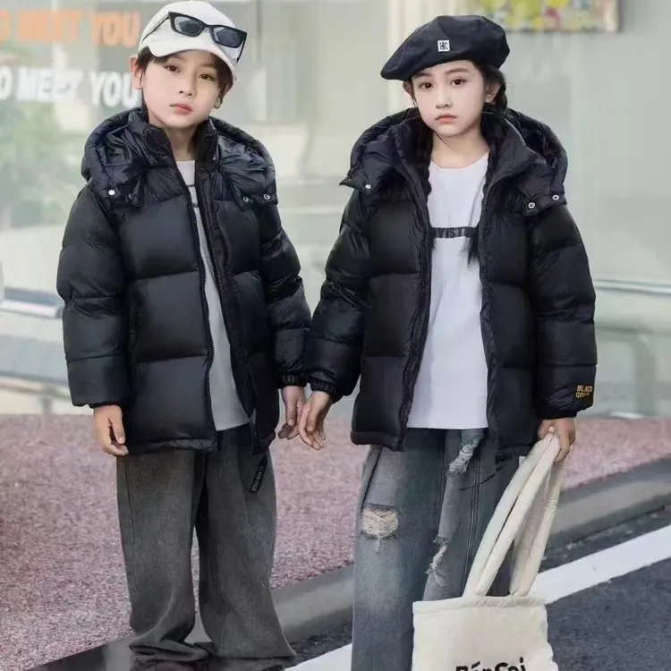 2025反季儿童黑金加绒羽服中大童加厚保暖外套男女童时尚连帽上衣