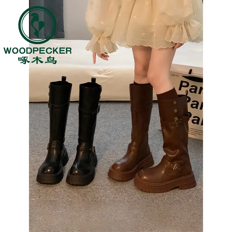 啄木鸟长筒靴女2025新款夏季棕色高筒靴子美拉德骑士靴厚底马丁靴