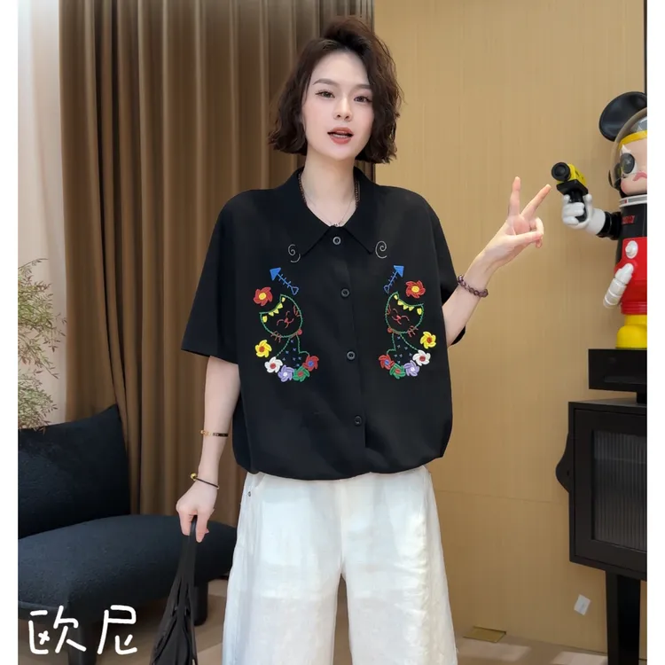 欧尼私服 2025新款彩线刺绣小猫POLO衫休闲百搭T恤2507C3814