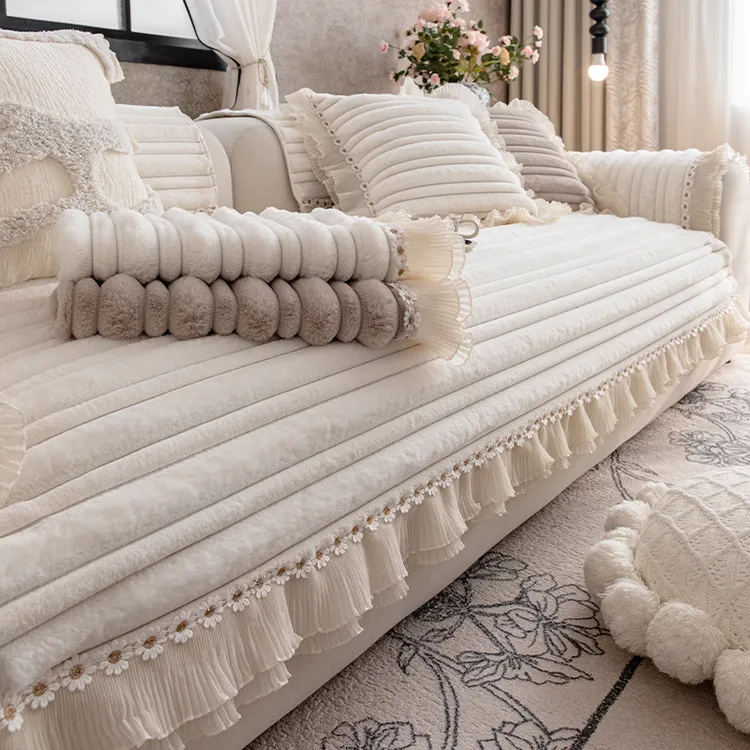 法式奶油风兔毛绒沙发垫冬2025新款加厚沙发坐垫固定防滑异形盖布