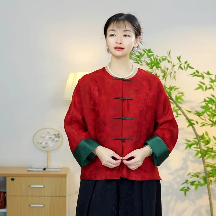 香云纱【红裳】女装长袖圆领中国风上衣厚款秋冬碎花九分袖提花复古
