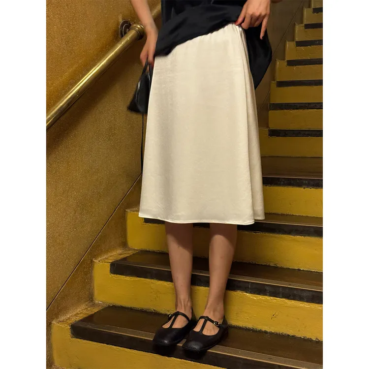 LANGQING 米白色醋酸a字中长款百搭半身裙45660/45995#