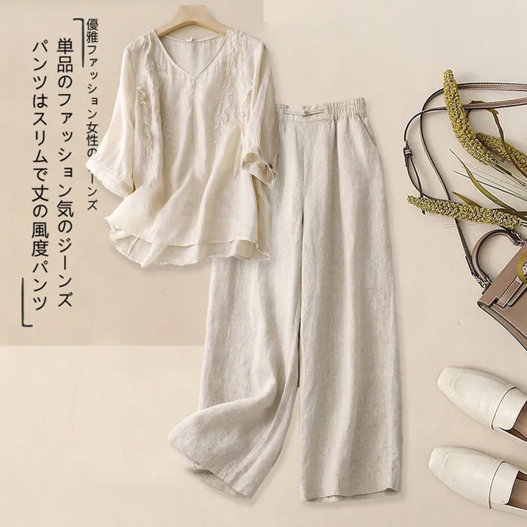 妈妈夏装棉麻套装女士夏季新款苎麻上衣亚麻阔腿裤两套