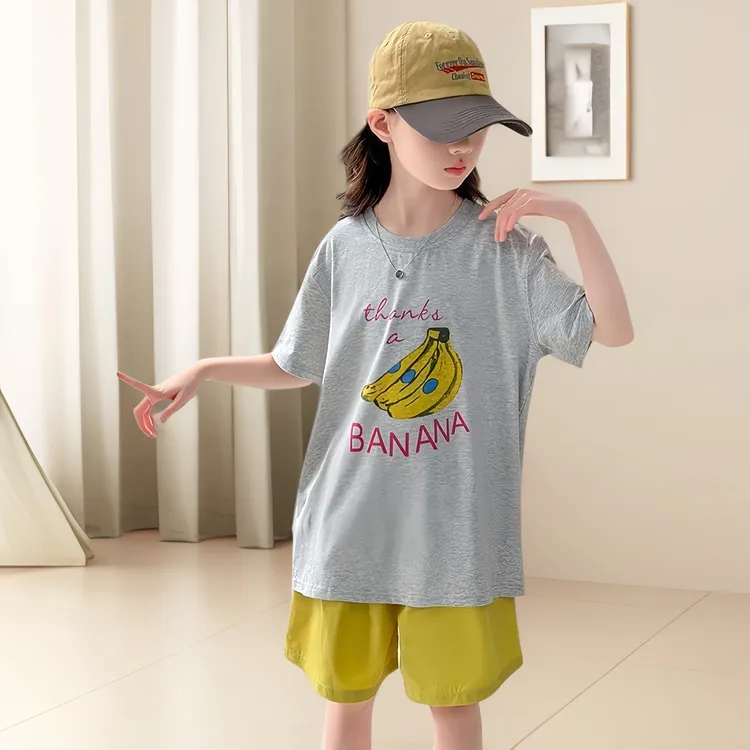 女童夏装儿童女孩休闲韩版潮酷印花短袖短裤宽松亲肤舒适透气潮流