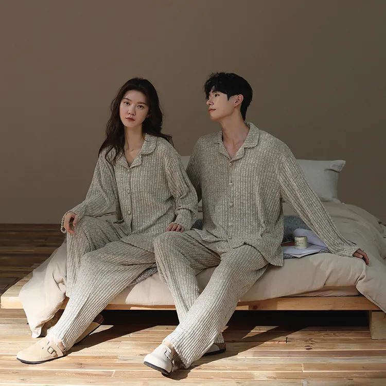 【德绒】情侣睡衣秋冬款双面磨毛保暖锁温开衫男女高档条纹家居服