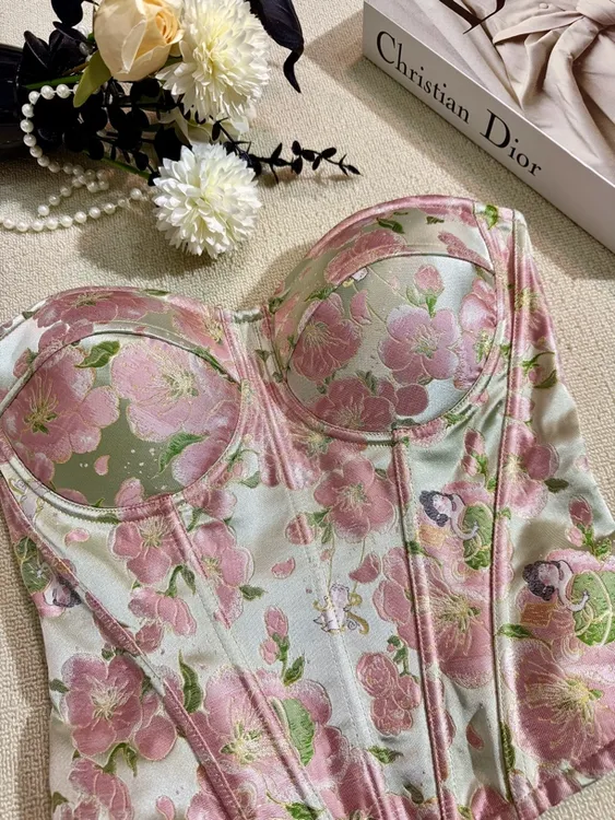 【桃花上上签】法式纯欲风碎花烫金提花鱼骨胸衣女夏季外穿甜辣上衣