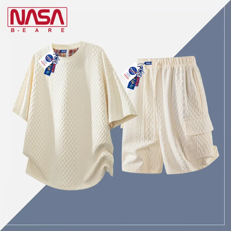 NASA联名短袖潮流肌理感T恤夏季短裤两件套男士宽松休闲提花套装