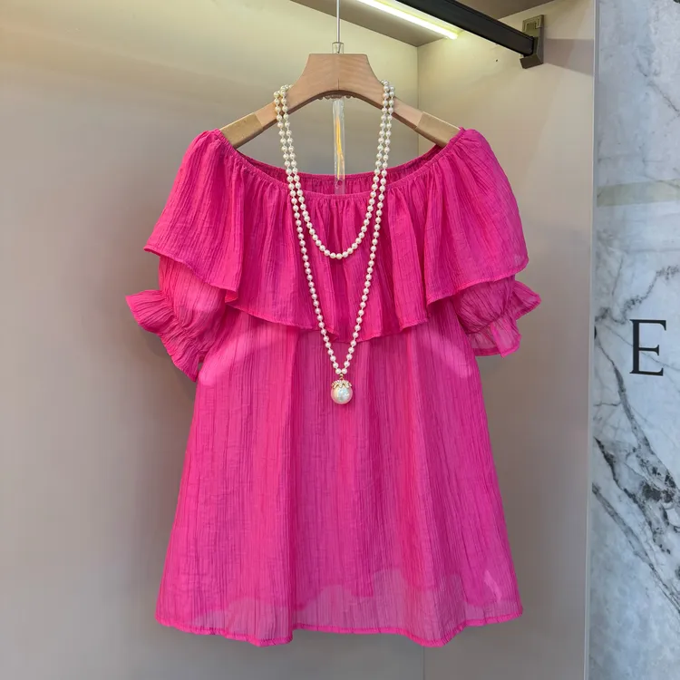 2025欧货多巴胺炫彩轻薄防晒一字肩荷叶领花苞袖度假风小衫596