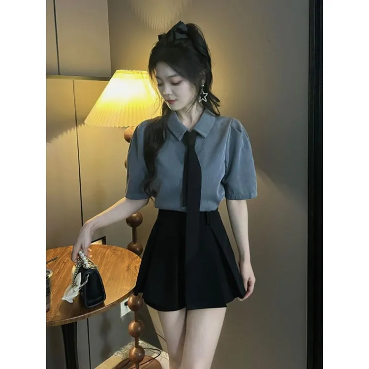 学院风宽松简约休闲短袖polo领配领带泡泡袖短款衬衫上衣半裙套装