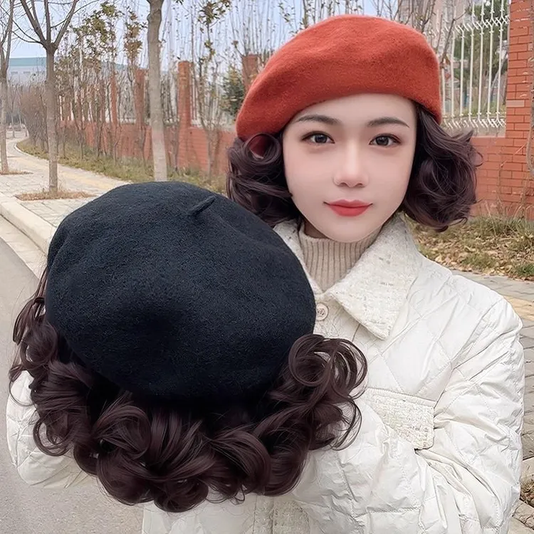 帽子假发女短卷发全头套时尚洋气秋冬贝雷帽假发一体式妈妈款头套