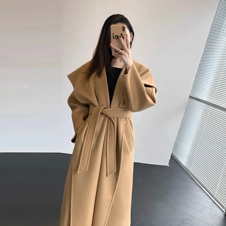 大翻领双面呢子大衣女2025冬季新款高级感韩系中长款驼色毛呢外套