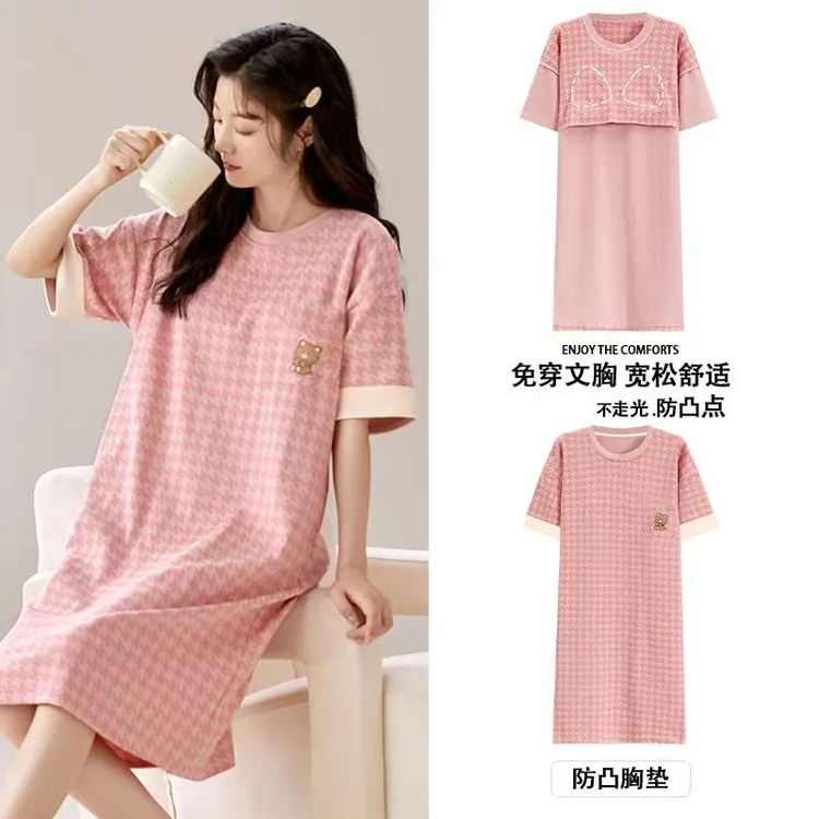 带胸垫睡裙女款夏季短袖连衣裙中长款宽松圆领时尚休闲夏天家居服