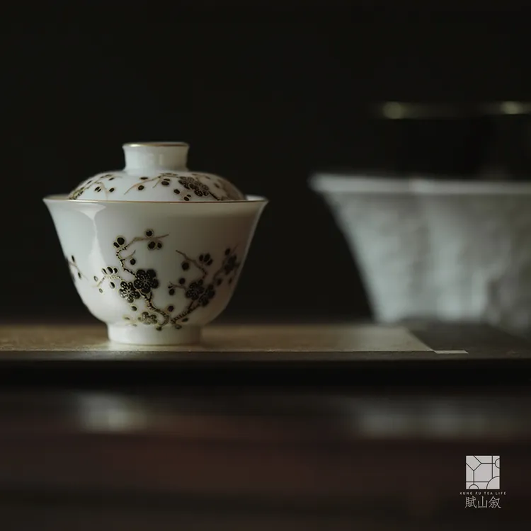 赋山叙丨墨梅浮金盖碗单个岩茶功夫泡茶器具小号陶瓷手绘高档