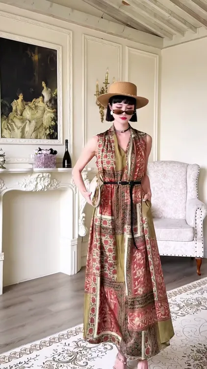 包袖夏季连衣裙拼接旗袍女装碎花时尚复古百