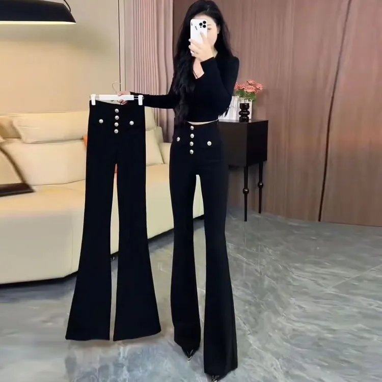 秋冬2025新款微喇裤女时尚超高腰收腹拖地长裤修身弹力显瘦喇叭裤