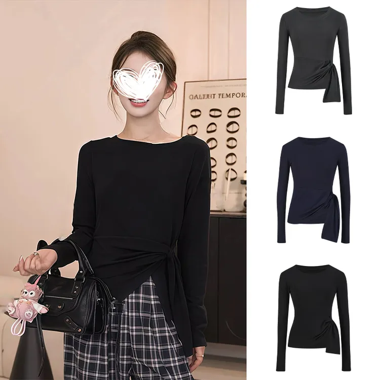 Moses Queen/魔西女王早秋新款开叉收腰t恤打底衫女正肩长袖上衣