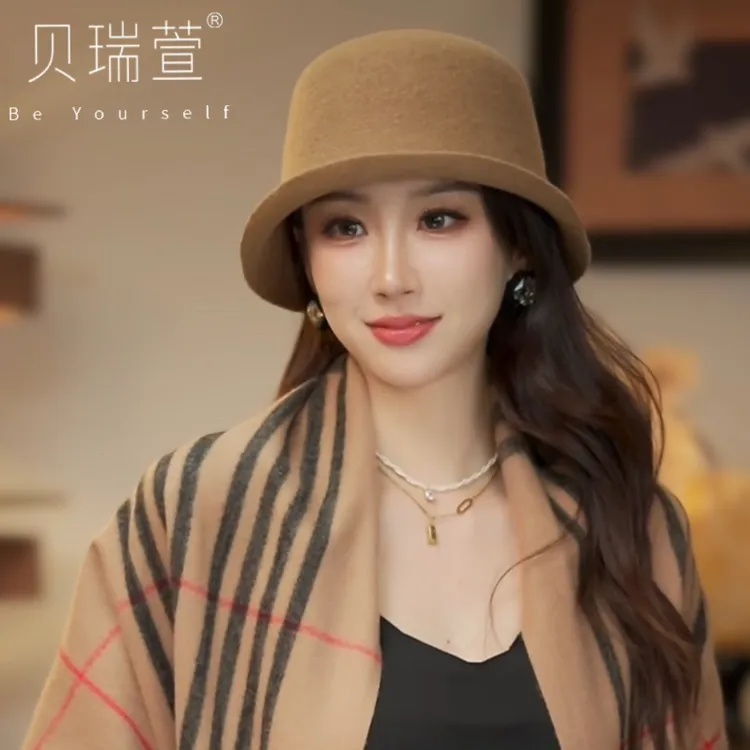 MZ525秋冬经典简约百搭多戴法羊毛帽子女卷边渔夫帽显脸小盆帽
