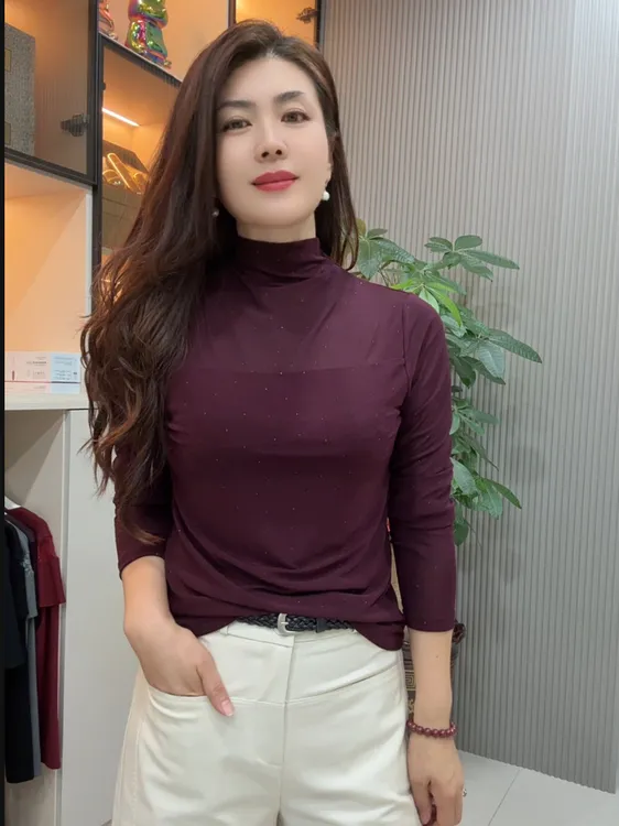 03-半高领烫钻镂空拼接长袖蕾丝网纱衫