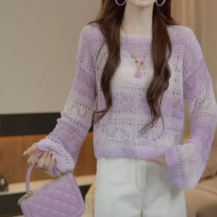 2025新时尚款圆领罩衫吊带套装渐变镂空撞色短款针织衫两件装9110