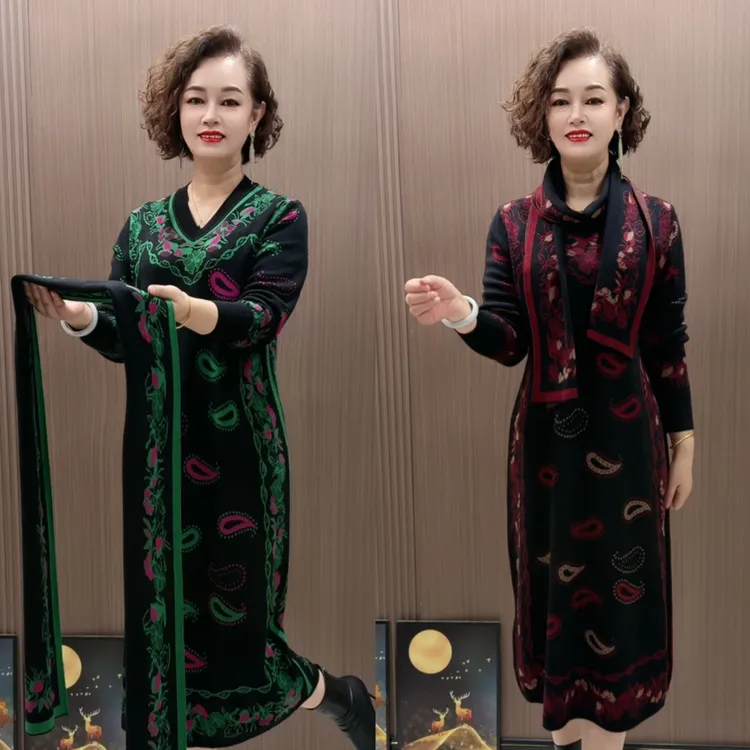 秋冬季时尚针织提花长袖长款百搭显瘦妈妈连衣裙
